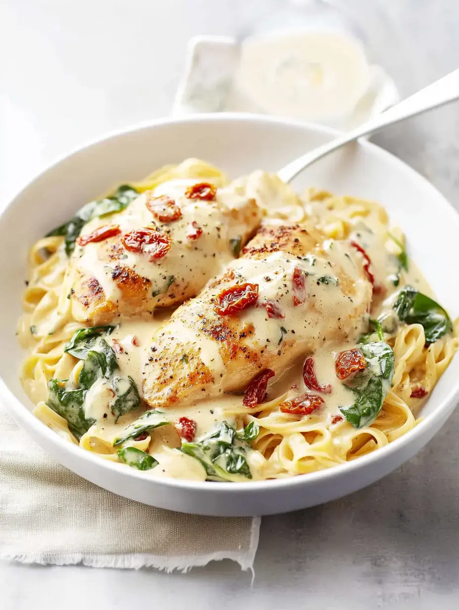 Eine Schüssel Fettuccine mit gegrilltem Hähnchen, cremiger Soße, Spinat und getrockneten Tomaten.