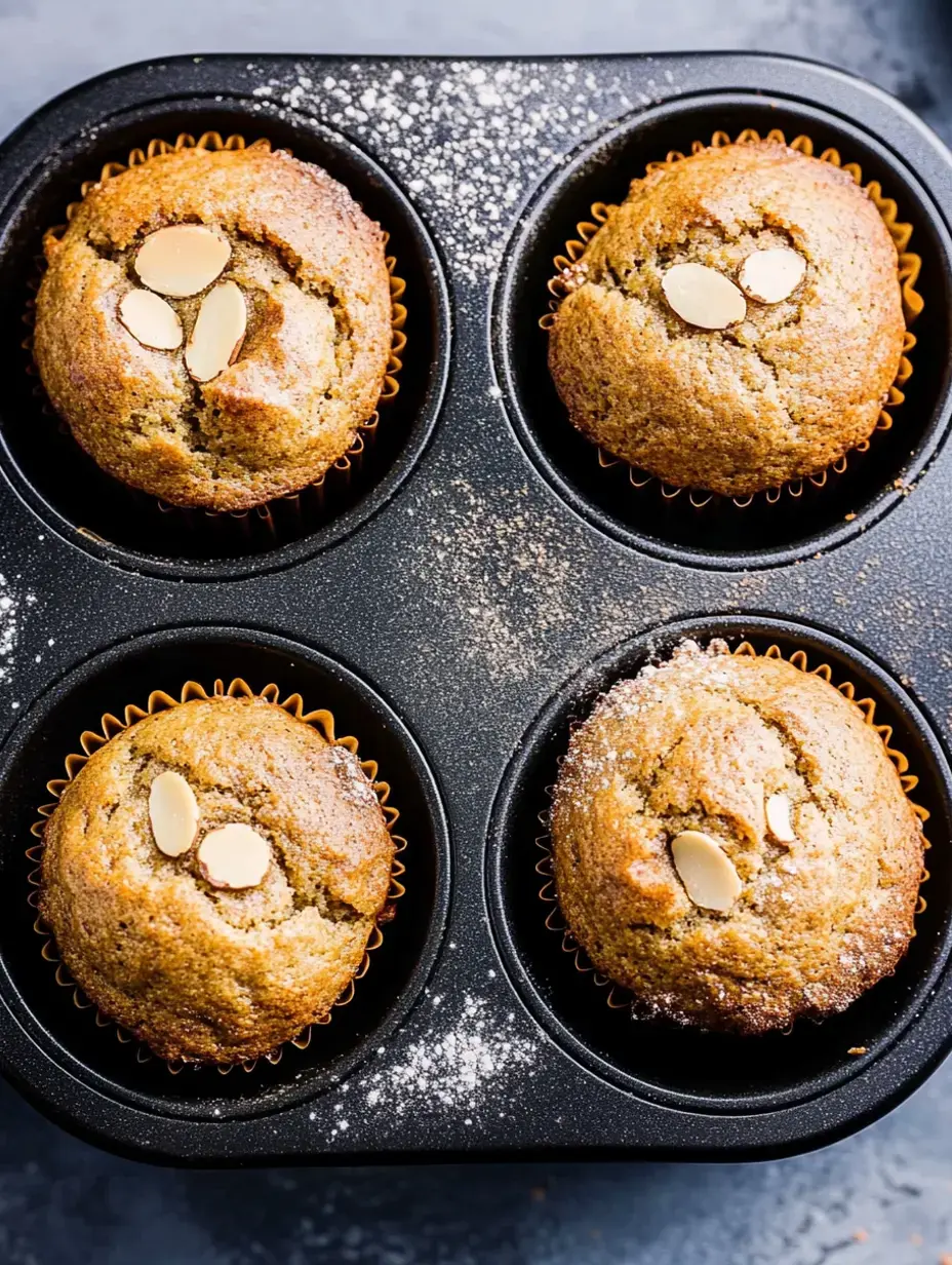 Eine Draufsicht auf vier frisch gebackene Muffins in einer schwarzen Muffinform, jeder mit Mandelblättchen belegt und mit Puderzucker bestäubt.