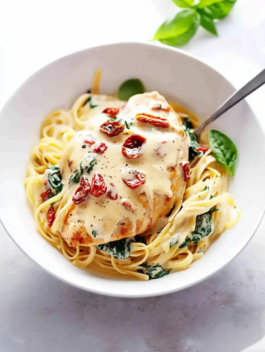 Eine Schüssel Fettuccine mit cremiger Soße, Spinat, getrockneten Tomaten und einem Stück Hähnchen.