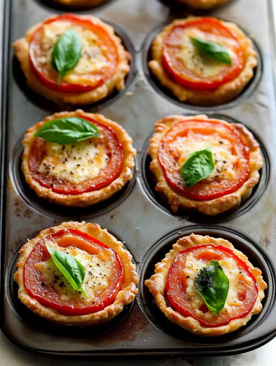 Ein Muffinblech hält kleine Törtchen mit goldbrauner Kruste, belegt mit Tomatenscheiben, Käse und frischen Basilikumblättern.