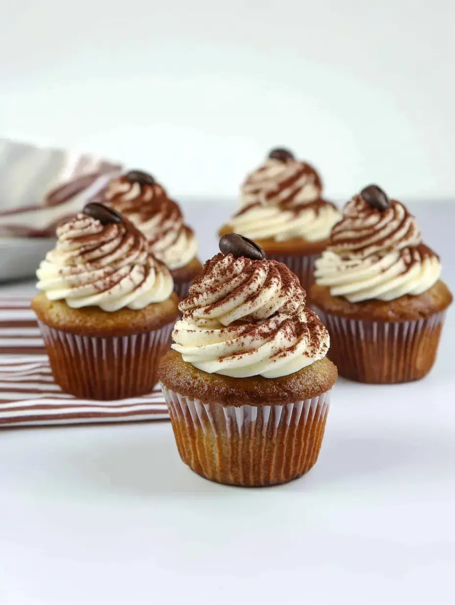 Eine Nahaufnahme mehrerer Kaffee-Cupcakes mit Sahnehaube, Kakaopulver und Kaffeebohnen verziert.