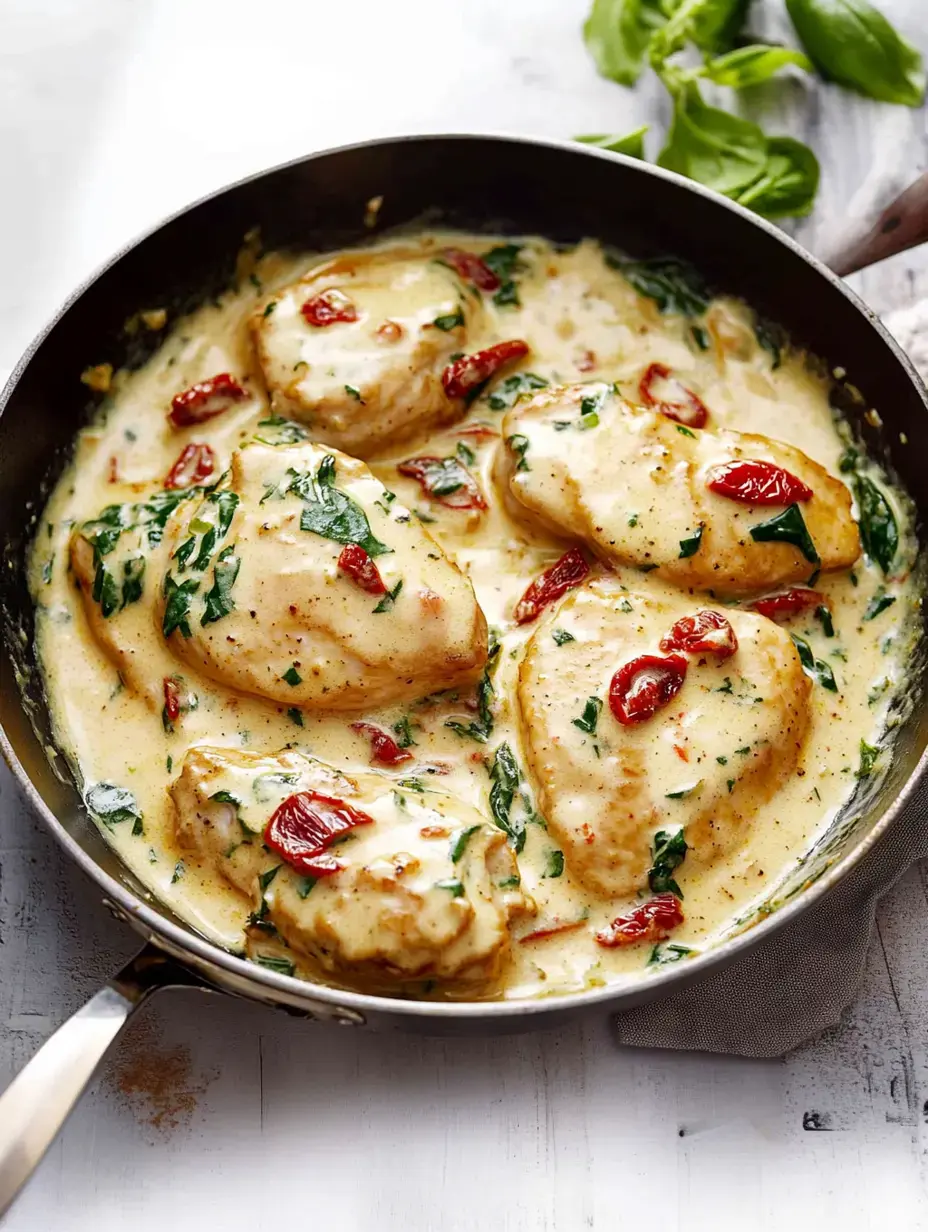 Eine Pfanne mit cremigem Hähnchen garniert mit Spinat und getrockneten Tomaten.