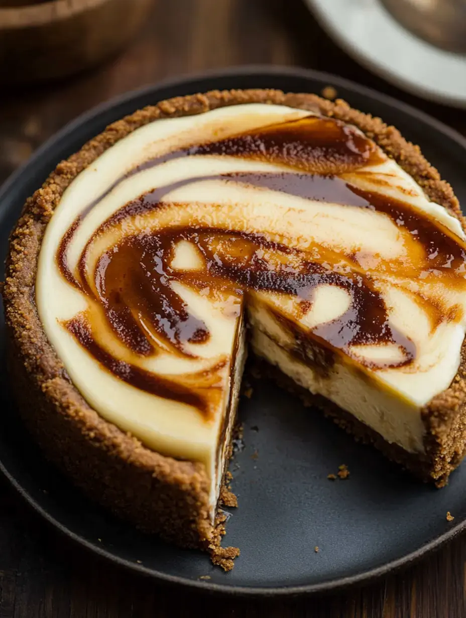 Ein Stück Käsekuchen mit marmoriertem Karamelltopping wird auf einem schwarzen Teller präsentiert, wobei eine cremige Füllung und ein Keksboden zu sehen sind.