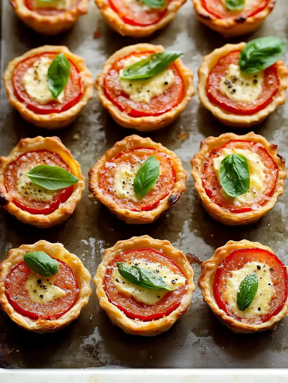 Ein Tablett mit Mini-Tomaten-Käse-Törtchen garniert mit frischen Basilikumblättern.