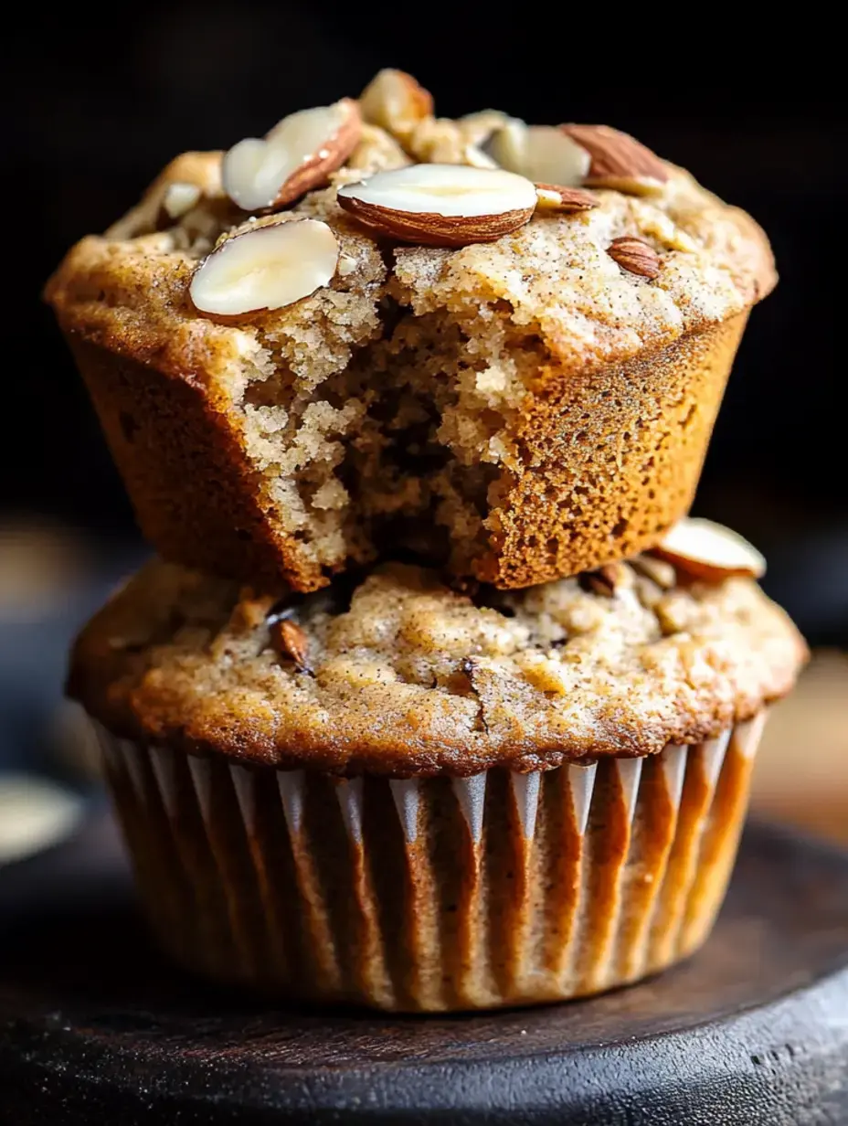 Ein Stapel von zwei Muffins mit Mandeltopping, einer halb gegessen, auf einer Holzoberfläche.