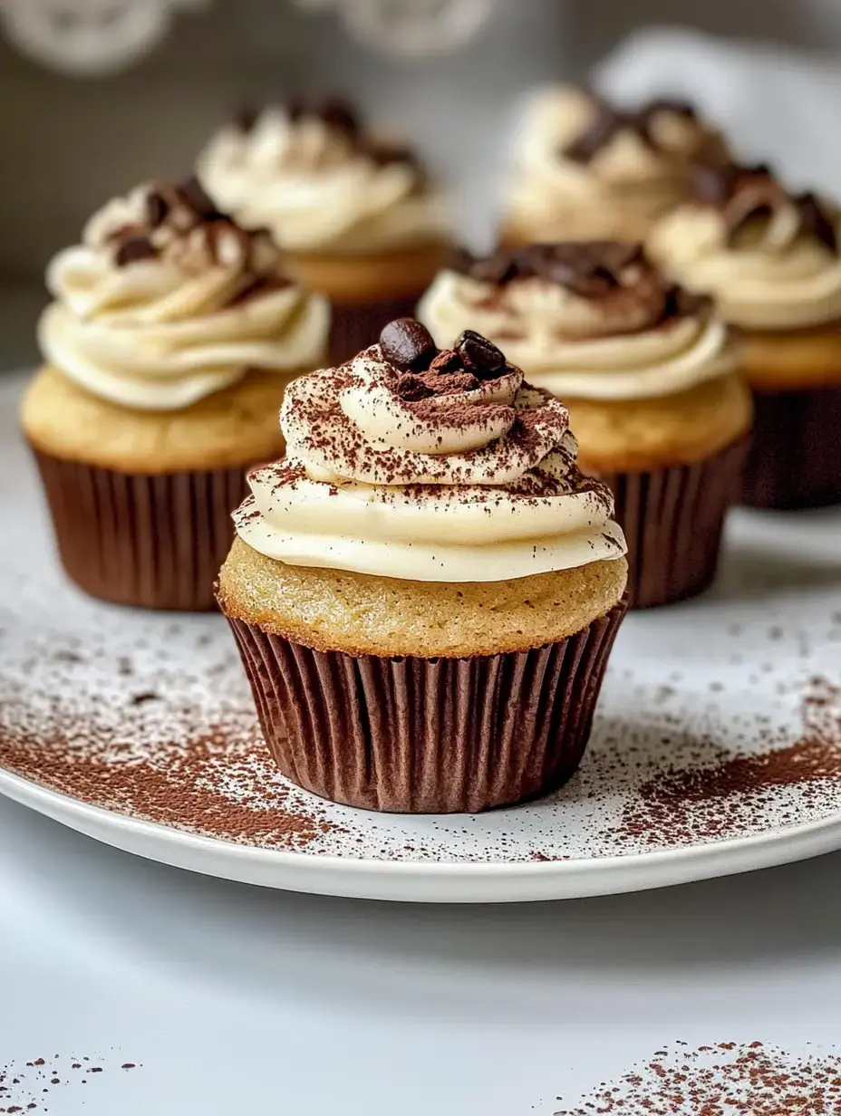 Nahaufnahme eines verzierten Cupcakes mit Schokospänen und Kaffeebohnen, umgeben von weiteren Cupcakes auf einem weißen Teller mit Kakaopulver bestäubt.