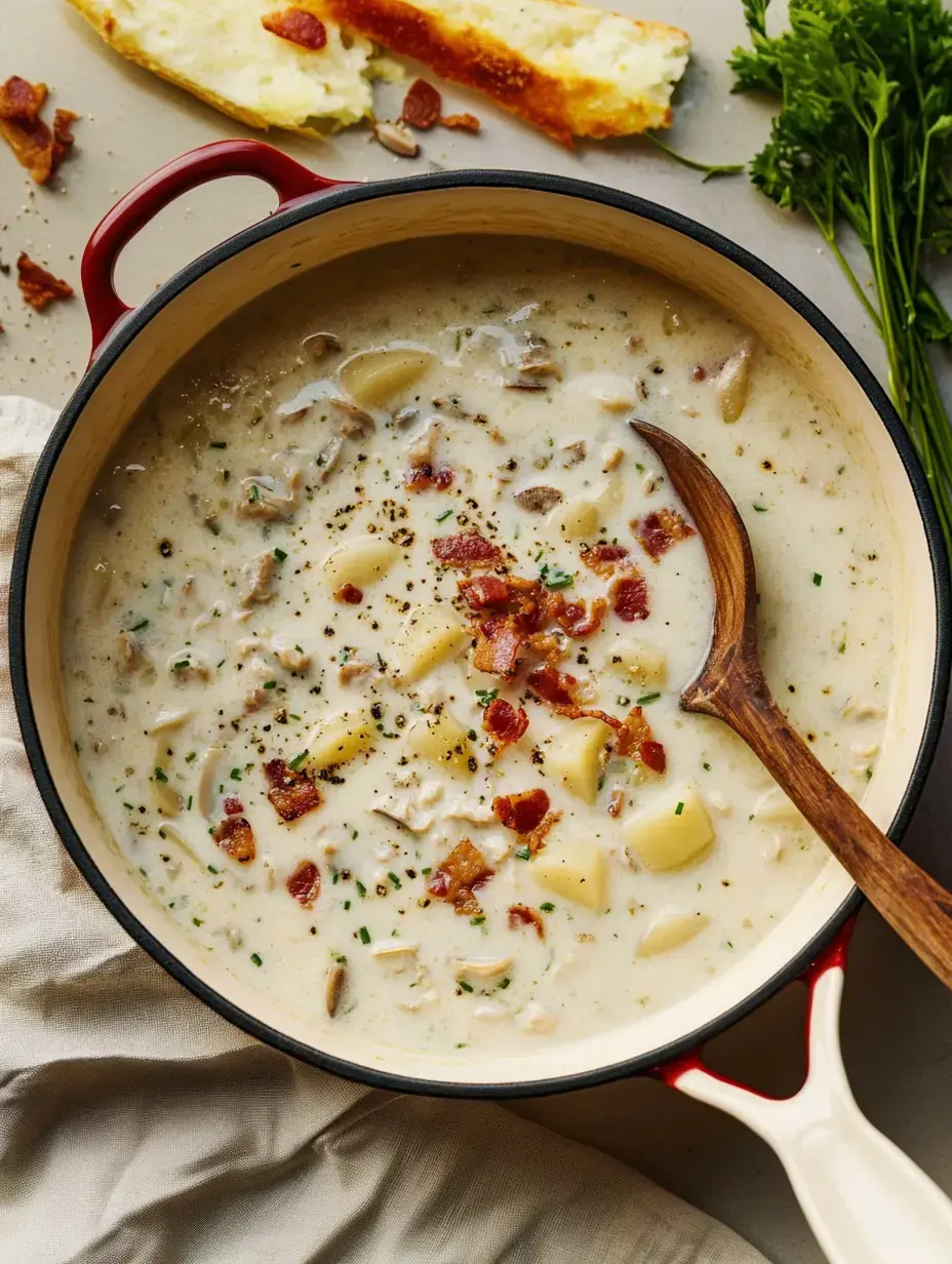 Eine cremige Suppe mit Kartoffeln und Speck wird in einem roten Topf serviert, umgeben von Brot und Kräutern auf einer hellen Oberfläche.