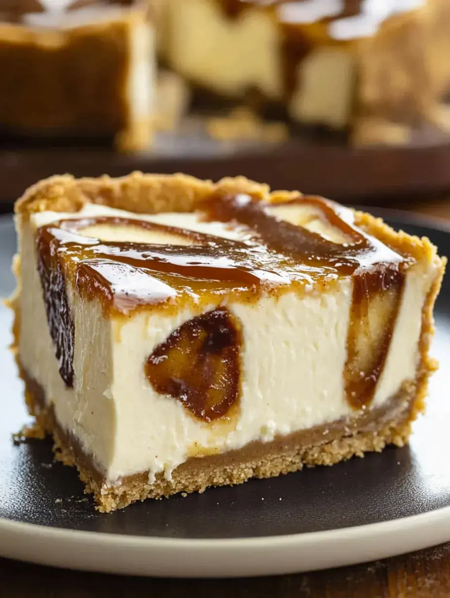 Ein Stück Käsekuchen mit Karamelltopping auf einem schwarzen Teller, der einen Keksboden zeigt.
