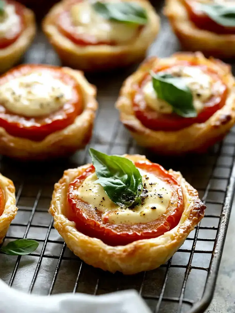 Eine Nahaufnahme von einzelnen Gebäcktörtchen gefüllt mit Tomaten, Käse und frischem Basilikum, angeordnet auf einem Drahtgitter.