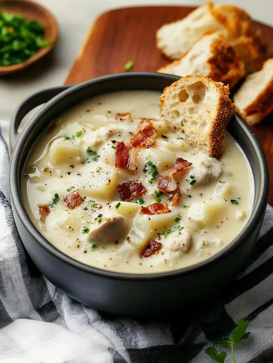 Eine Schüssel herzhafte Hähnchen-Kartoffel-Suppe garniert mit Speck und Kräutern, begleitet von Scheiben knusprigen Brotes.