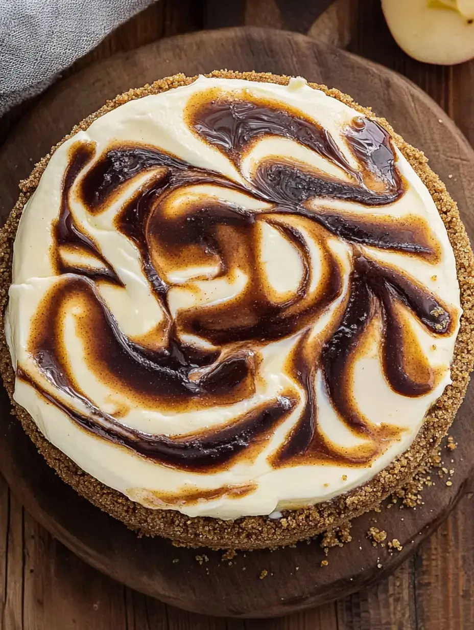 Eine Draufsicht auf einen Käsekuchen mit glänzendem Schokoladenwirbelmuster auf einem Keksboden, der auf einem hölzernen Servierbrett liegt.