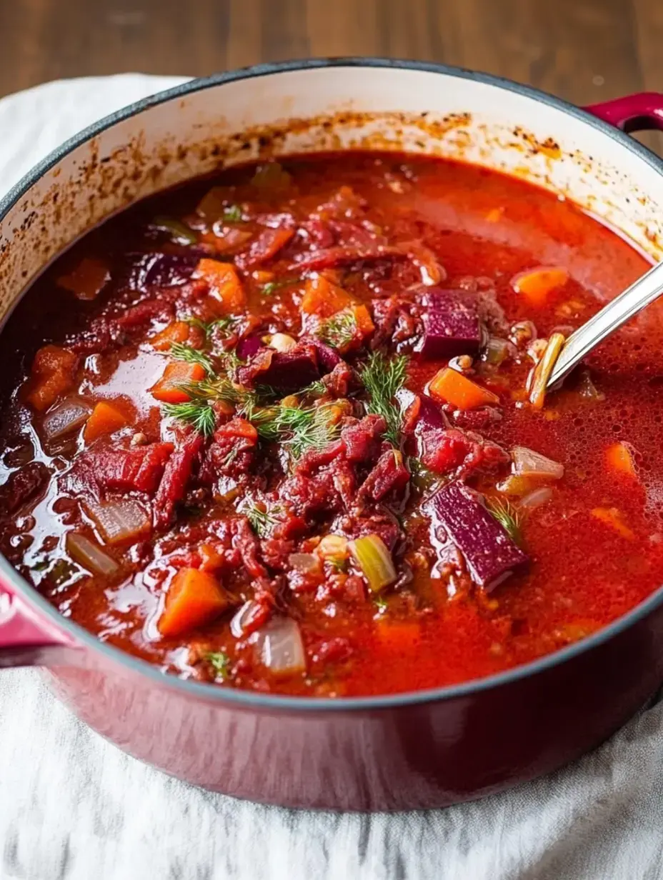 Ein Topf mit kräftig roter Suppe voller verschiedener Gemüsesorten, darunter Rote Bete und Karotten, garniert mit frischem Dill.