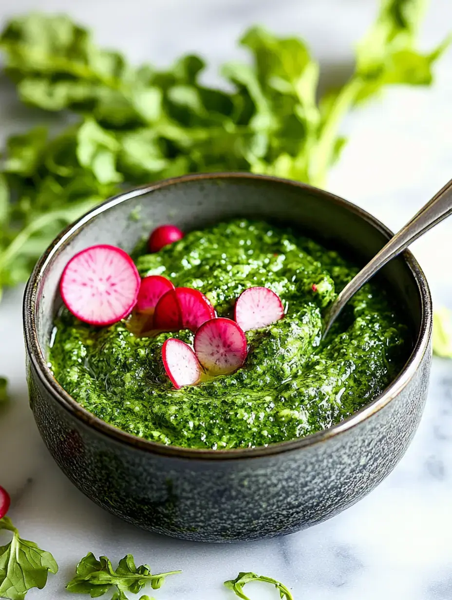 Eine dunkle Schüssel gefüllt mit leuchtendem grünen Pesto, garniert mit geschnittenen Radieschen, umgeben von frischen Blättern.