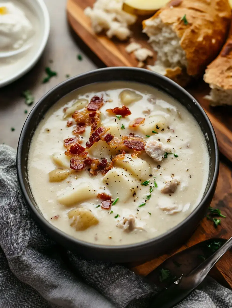 Eine Schüssel cremige Suppe mit Kartoffeln und Speck, serviert mit Brot auf einem Holzbrett.