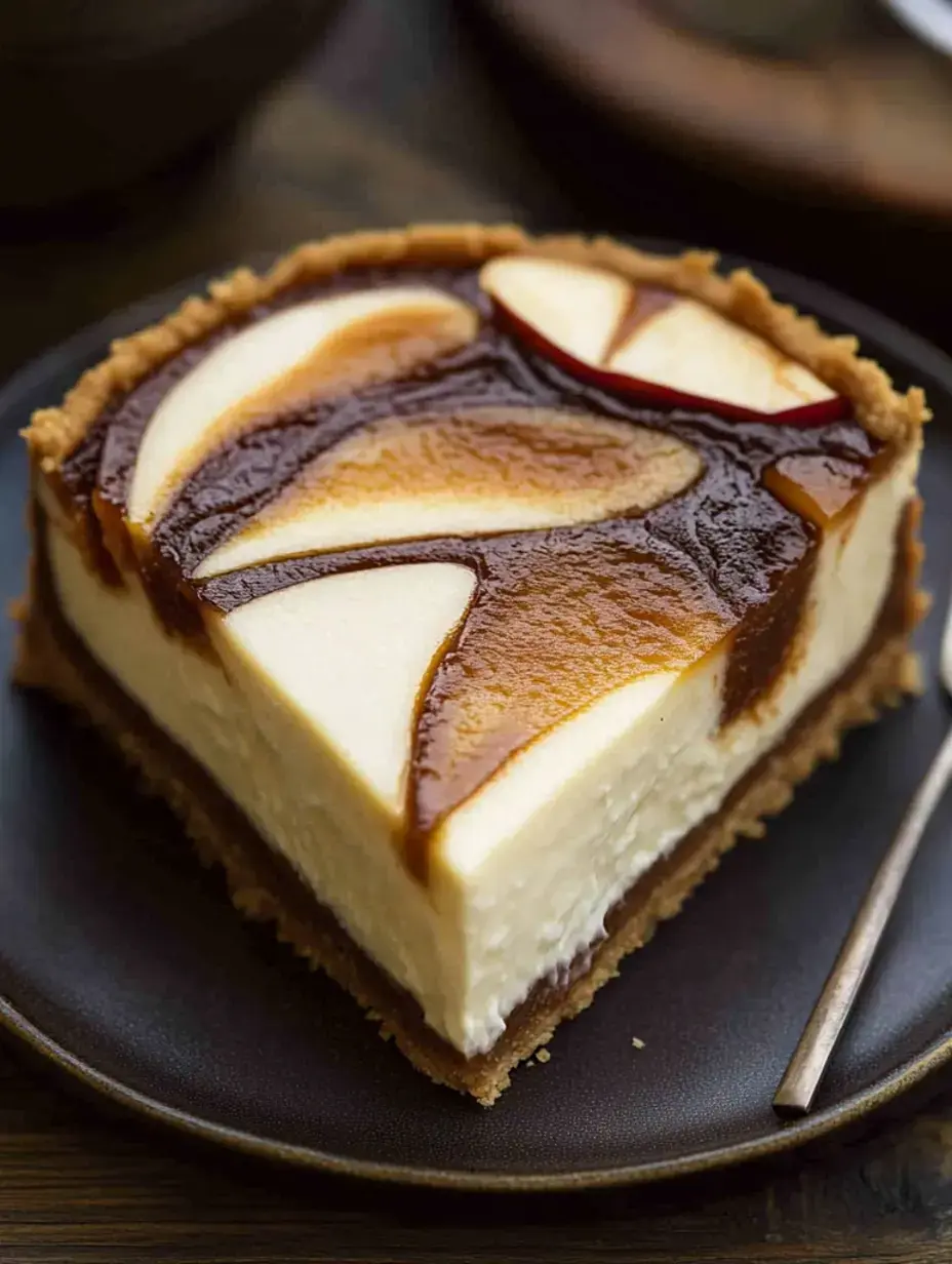 Ein Stück Käsekuchen mit glänzendem Karamelltopping und dekorativen Apfelscheiben auf einem dunklen Teller.