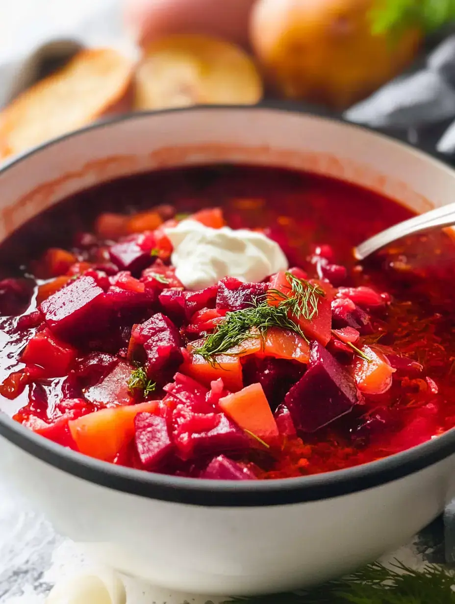 Eine Nahaufnahme einer Schüssel mit leuchtendem roten Borschtsch, garniert mit einem Klecks saurer Sahne und frischem Dill, umgeben von Zutaten wie Kartoffeln und Brot im Hintergrund.