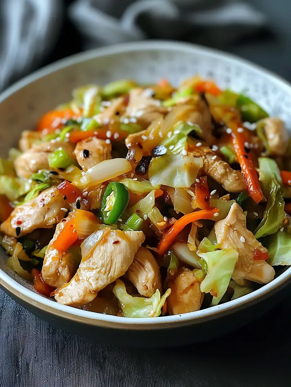 Eine Nahaufnahme einer Schüssel mit gebratenem Hähnchen und buntem Gemüse, garniert mit Sesamsamen.