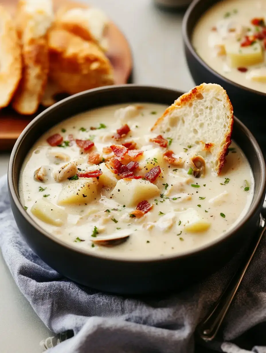 Eine Schüssel cremige Muschelsuppe, garniert mit Speck und gewürfelten Kartoffeln, begleitet von geröstetem Brot auf einem Teller.