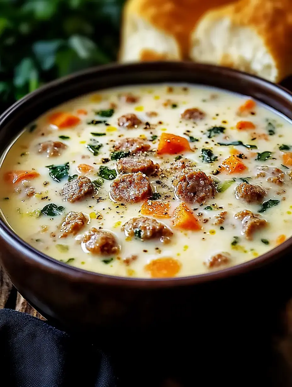 Eine Schüssel cremige Suppe mit Wurst, gewürfelten Karotten und Grünzeug, dazu ein Stück Brot.