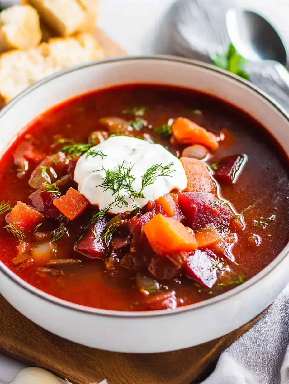 Eine Schüssel bunter Borschtsch-Suppe mit einem Klecks saurer Sahne und frischem Dill obendrauf, begleitet von Brotstücken.