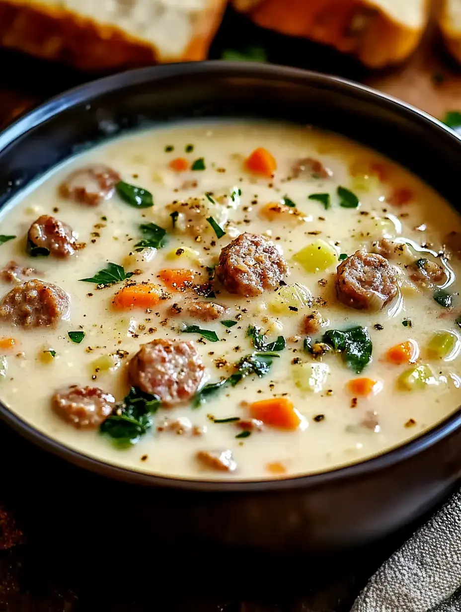 Eine cremige Suppe mit Wurst, Gemüse und Kräutern in einer schwarzen Schüssel, dazu Brotscheiben im Hintergrund.