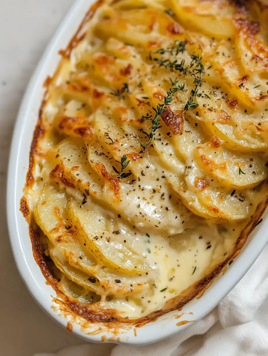 Ein cremiger Kartoffelauflauf, schichtweise gebacken mit goldener Kruste, garniert mit frischem Thymian.