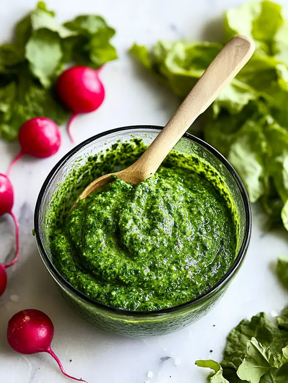 Eine Schüssel mit leuchtendem grünen Pesto ist umgeben von frischen Radieschen und Blattgrün auf einer Marmoroberfläche, mit einem Holzlöffel in der Schüssel.