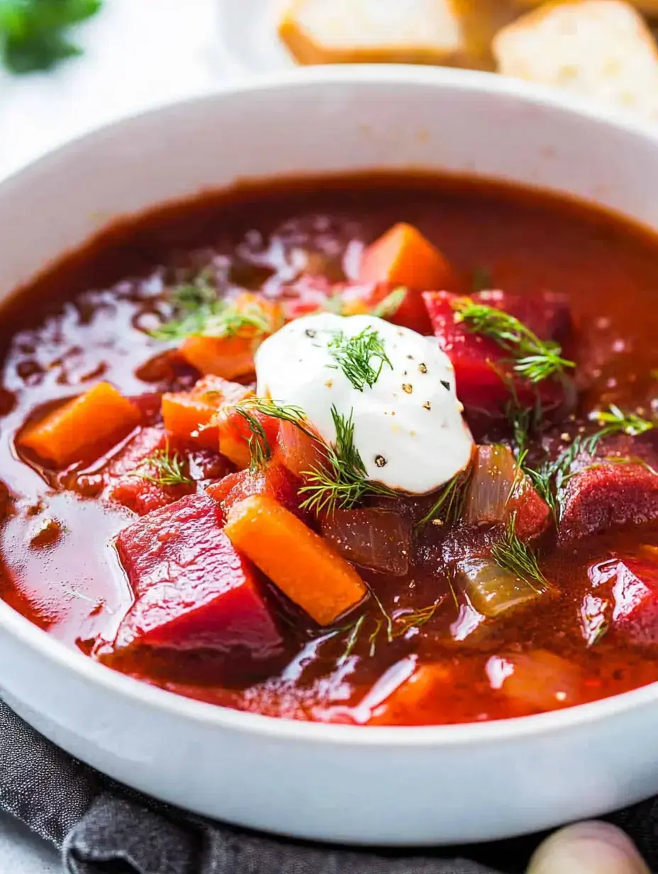 Eine Schüssel mit herzhafter Gemüsesuppe mit Stücken von Roter Bete, Karotten und einem Klecks saurer Sahne, garniert mit frischem Dill.