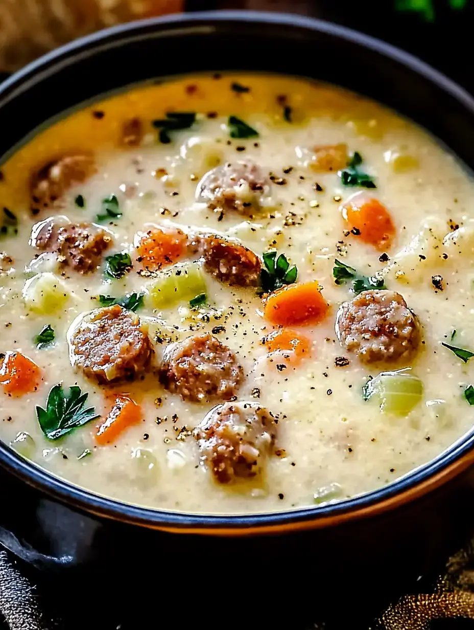 Eine dampfende Schüssel cremige Suppe mit Fleischbällchen, Karotten, Sellerie und Petersilie, mit schwarzem Pfeffer garniert.