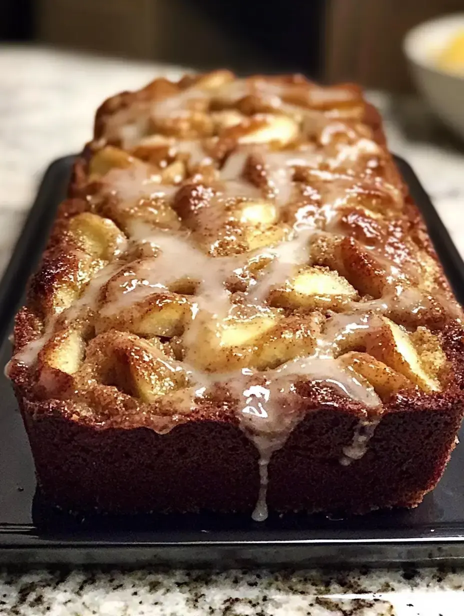 Ein frisch gebackener Kuchen mit Glasur und Apfelstücken, serviert auf einem dunklen Tablett.