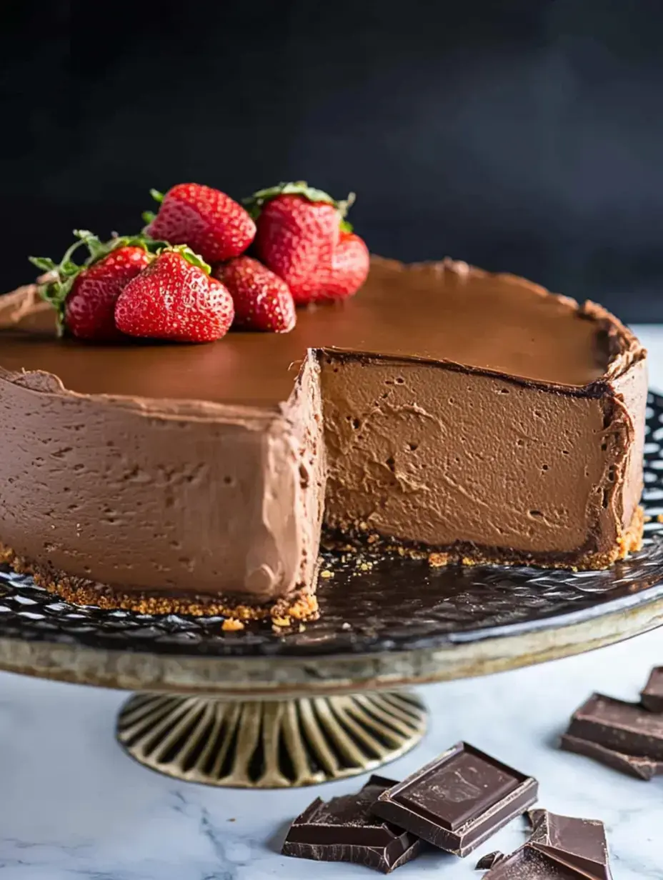 Ein saftiger Schokoladenkäsekuchen mit frischen Erdbeeren, auf einer dekorativen Kuchenplatte mit Schokoladenstücken daneben.