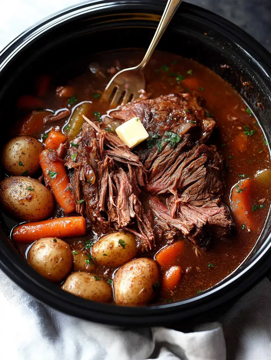 Eine Nahaufnahme eines langsam gegarten Schmorbraten mit zartem, zerfasertem Rindfleisch, Karotten und kleinen Kartoffeln in würziger Brühe, gekrönt mit einem Stück Butter und mit Petersilie garniert.