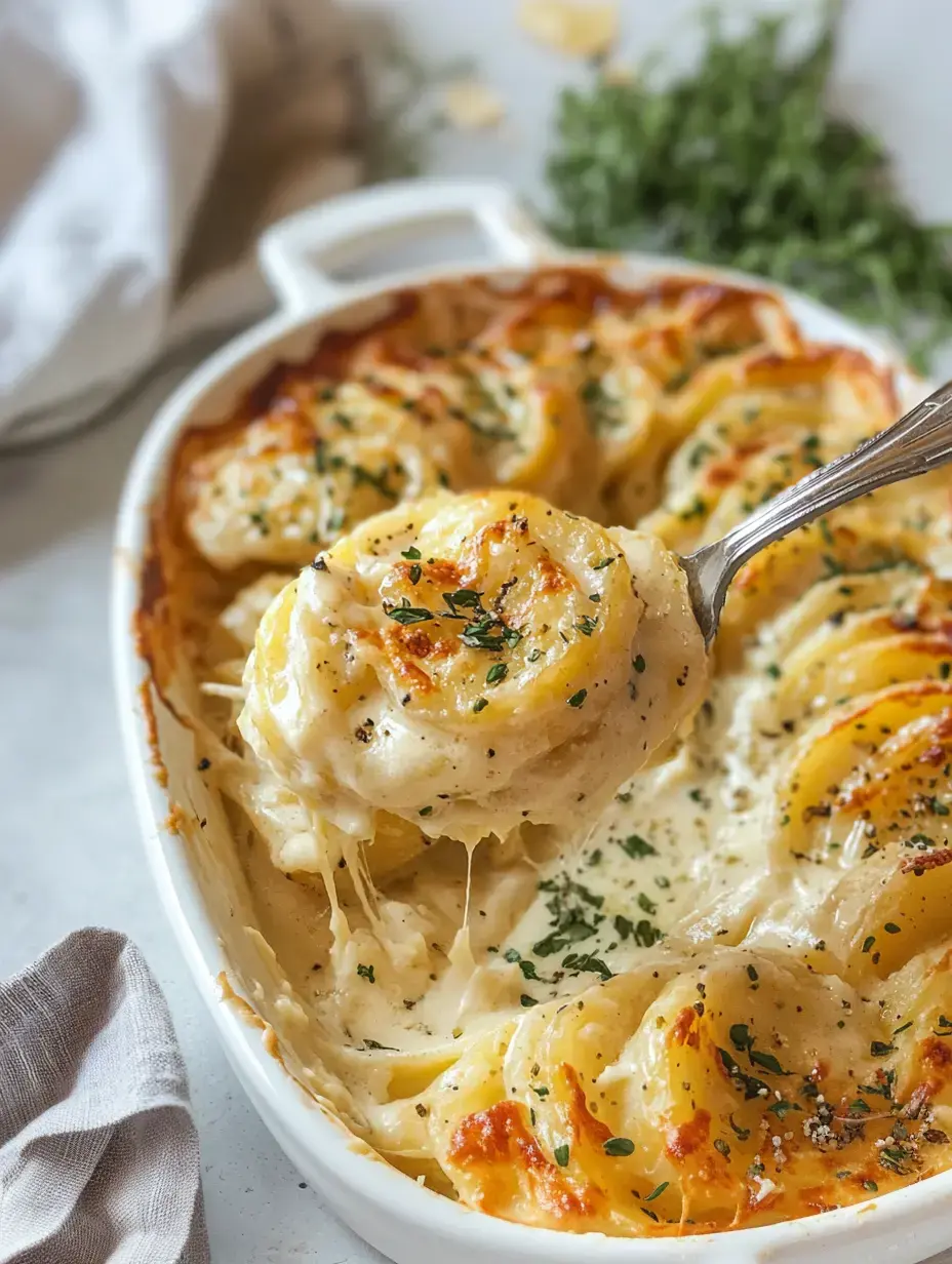 Ein Servierlöffel hebt eine Portion cremigen, gebackenen Kartoffelauflauf mit geschmolzenem Käse und Kräutern aus einer weißen Schüssel.