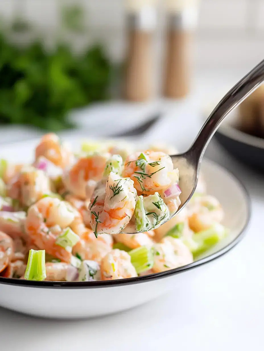 Ein Löffel Garnelensalat mit Sellerie, Dill und roter Zwiebel wird aus einer weißen Schüssel gehoben, umgeben von frischen Zutaten.