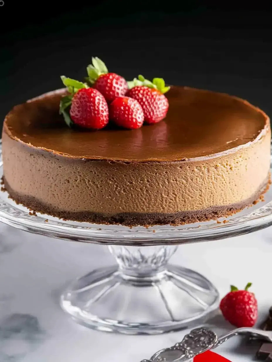 Ein Schokoladenkäsekuchen mit frischen Erdbeeren auf einer Glasservierkuchenplatte.