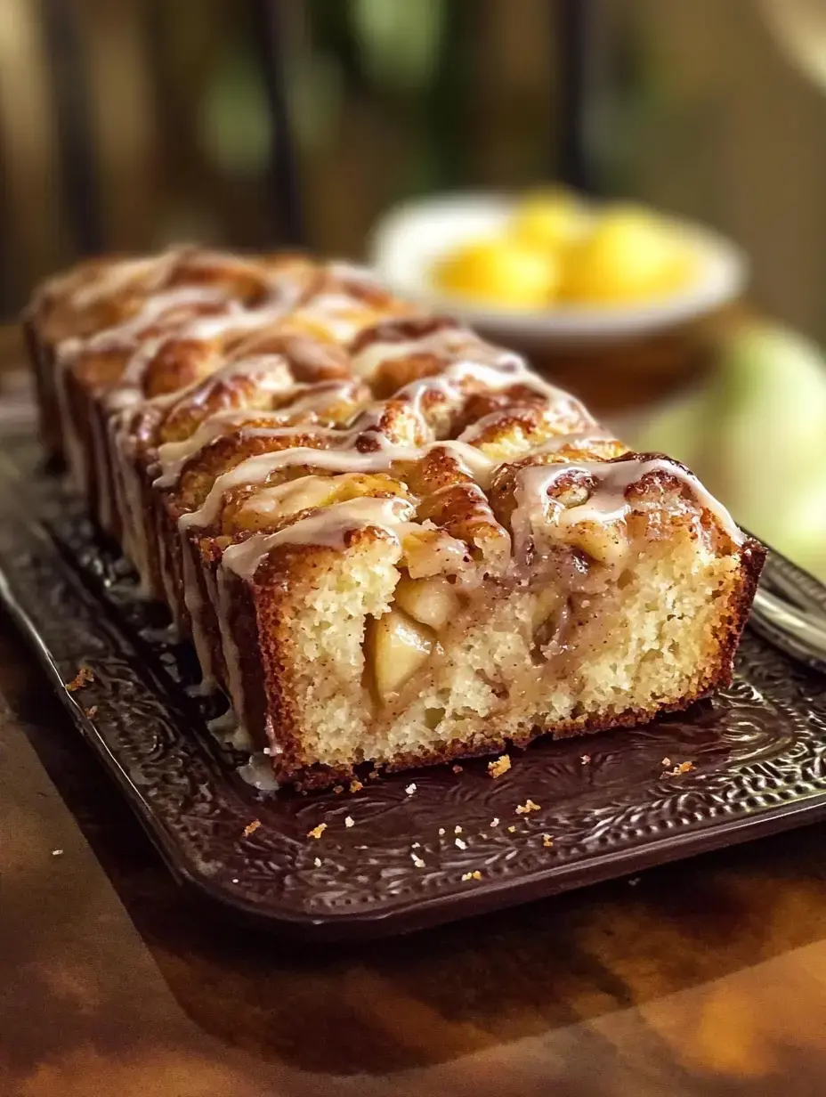 Ein angeschnittenes Kastenbrot mit Zuckerguss, das eine Füllung aus Äpfeln und Zimt im Inneren zeigt.