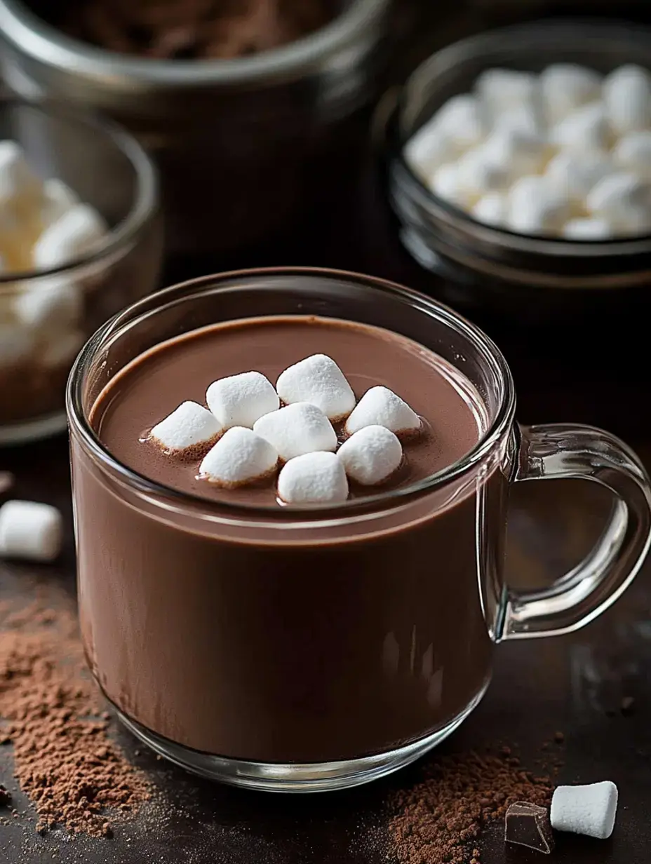 Eine klare Glastasse gefüllt mit Schokolade und Marshmallows darauf, umgeben von Kakaopulver und Gläsern mit Marshmallows.