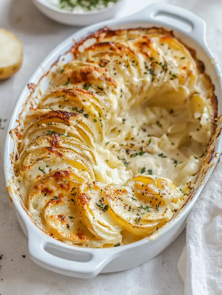 Ein gebackener Auflauf mit goldbraunen, geschichteten Kartoffelscheiben, überzogen mit cremiger Soße und mit Kräutern garniert.