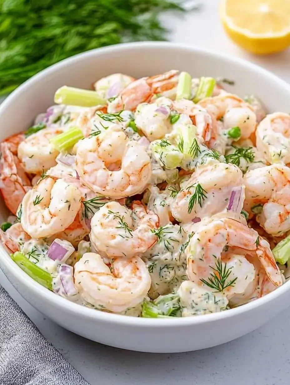 Eine Schüssel Garnelensalat mit Sellerie, Dill und Zwiebeln, garniert mit frischem Dill und einer Zitronenscheibe im Hintergrund.