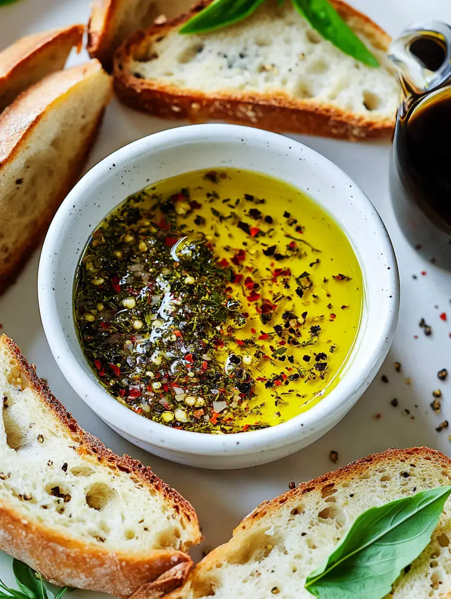 Eine Schüssel Olivenöl mit Kräutern und Gewürzen ist umgeben von Scheiben knusprigen Brotes und einem Spritzer Balsamico-Essig.