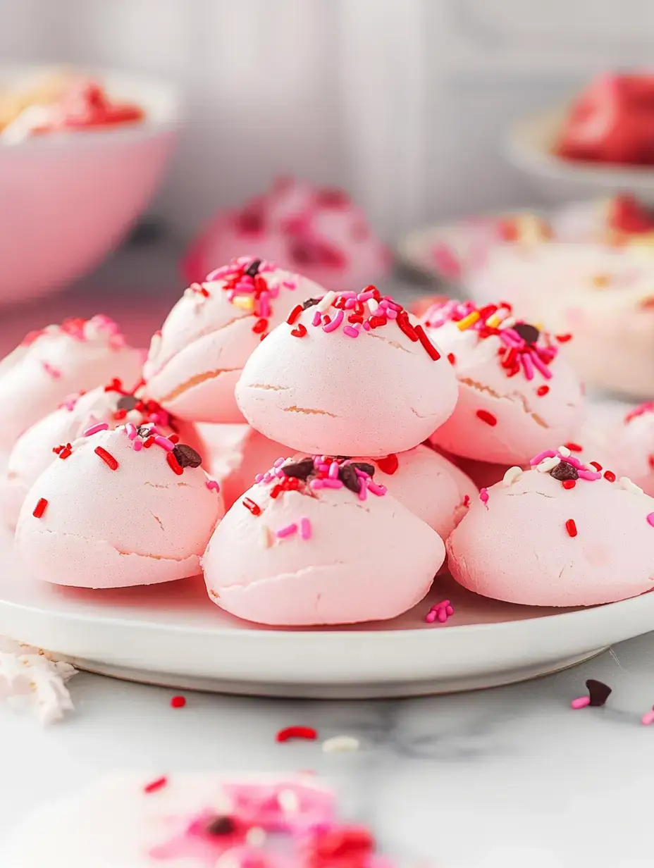 Ein Teller mit rosa Baiser-Plätzchen bestreut mit bunten Streuseln, umgeben von weiteren verstreuten Plätzchen.