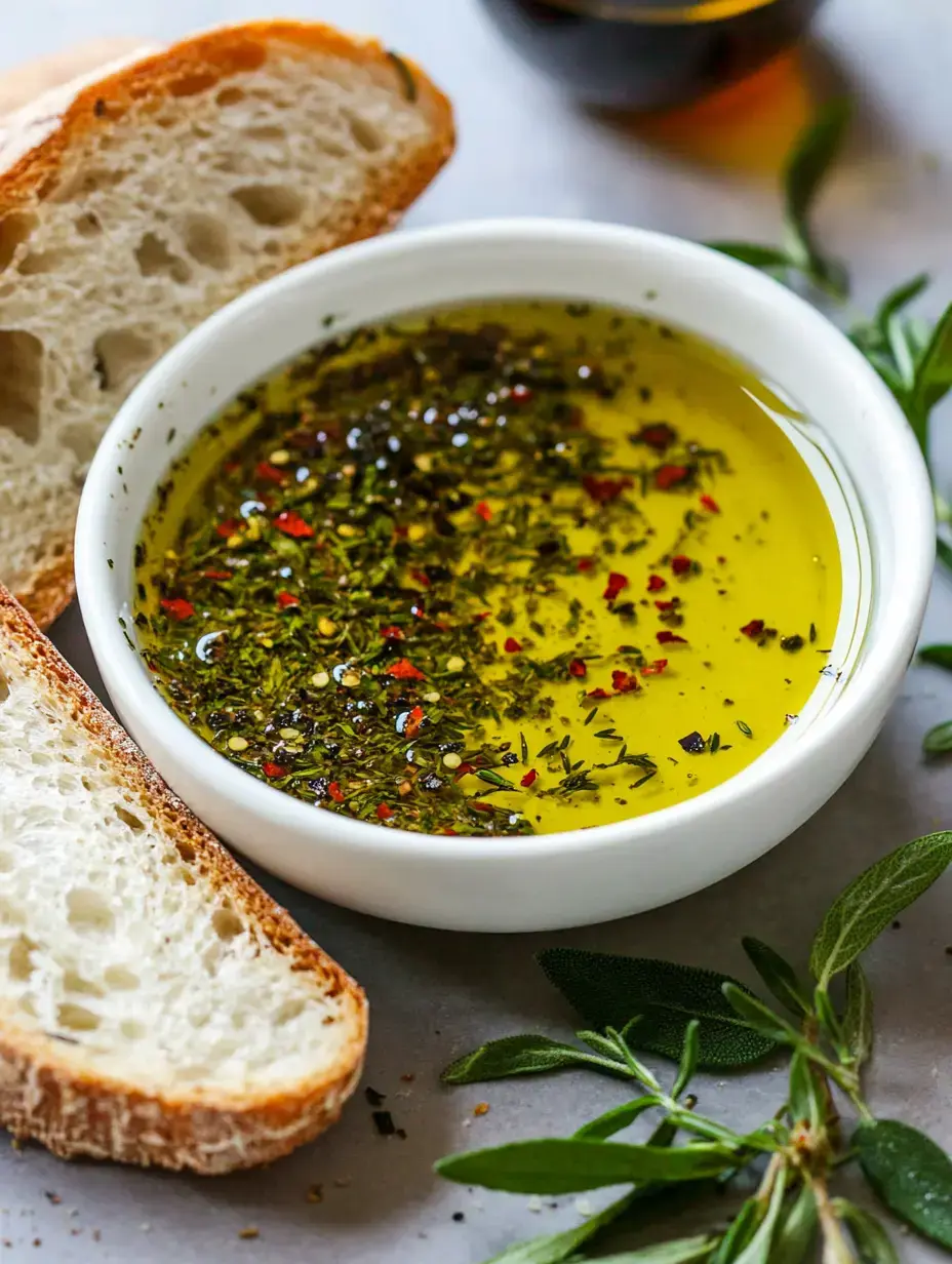 Eine Schüssel gewürztes Olivenöl mit Kräutern und Chiliflocken, begleitet von Brotscheiben und frischen Kräutern.