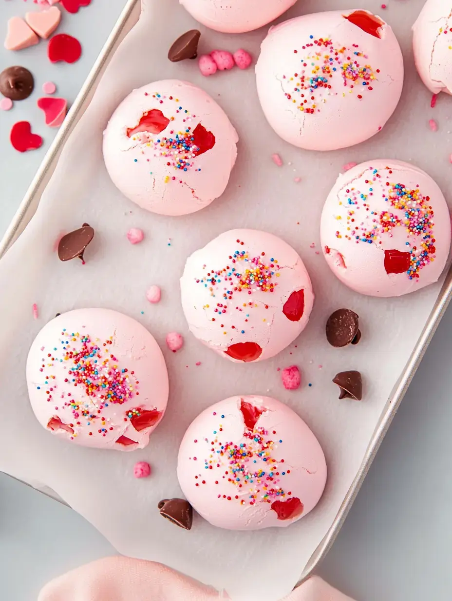 Ein Tablett mit rosa, rissigen Baiser-Plätzchen mit bunten Streuseln und roten Fruchtstückchen, umgeben von herzförmigen Bonbons und Schokoladenstückchen.