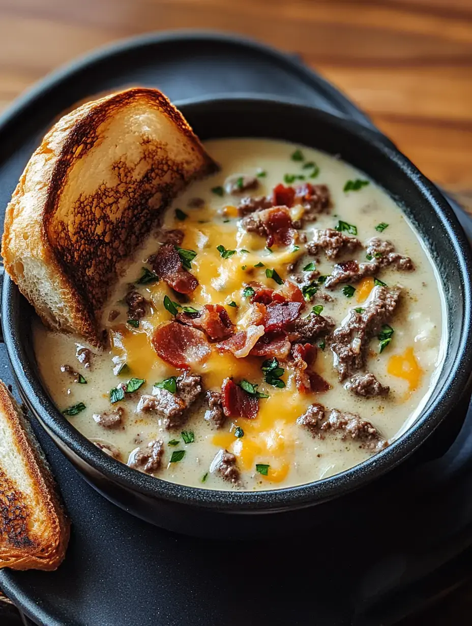 Eine Schüssel cremige Suppe belegt mit Hackfleisch, knusprigem Speck und Cheddar-Käse, serviert mit einer Scheibe geröstetem Brot daneben.