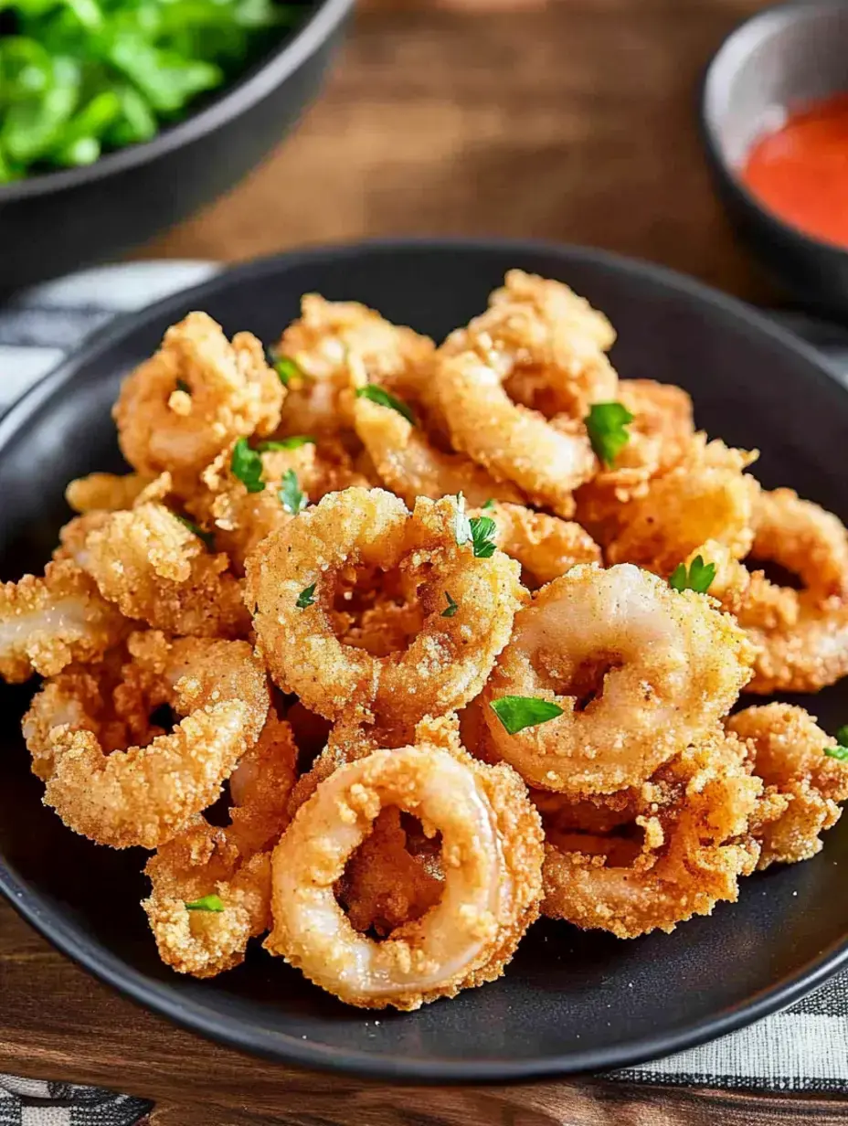 Ein Teller mit goldbraunen, panierten und frittierten Tintenfischringen garniert mit Petersilie, dazu eine kleine Schüssel mit Dipsauce.
