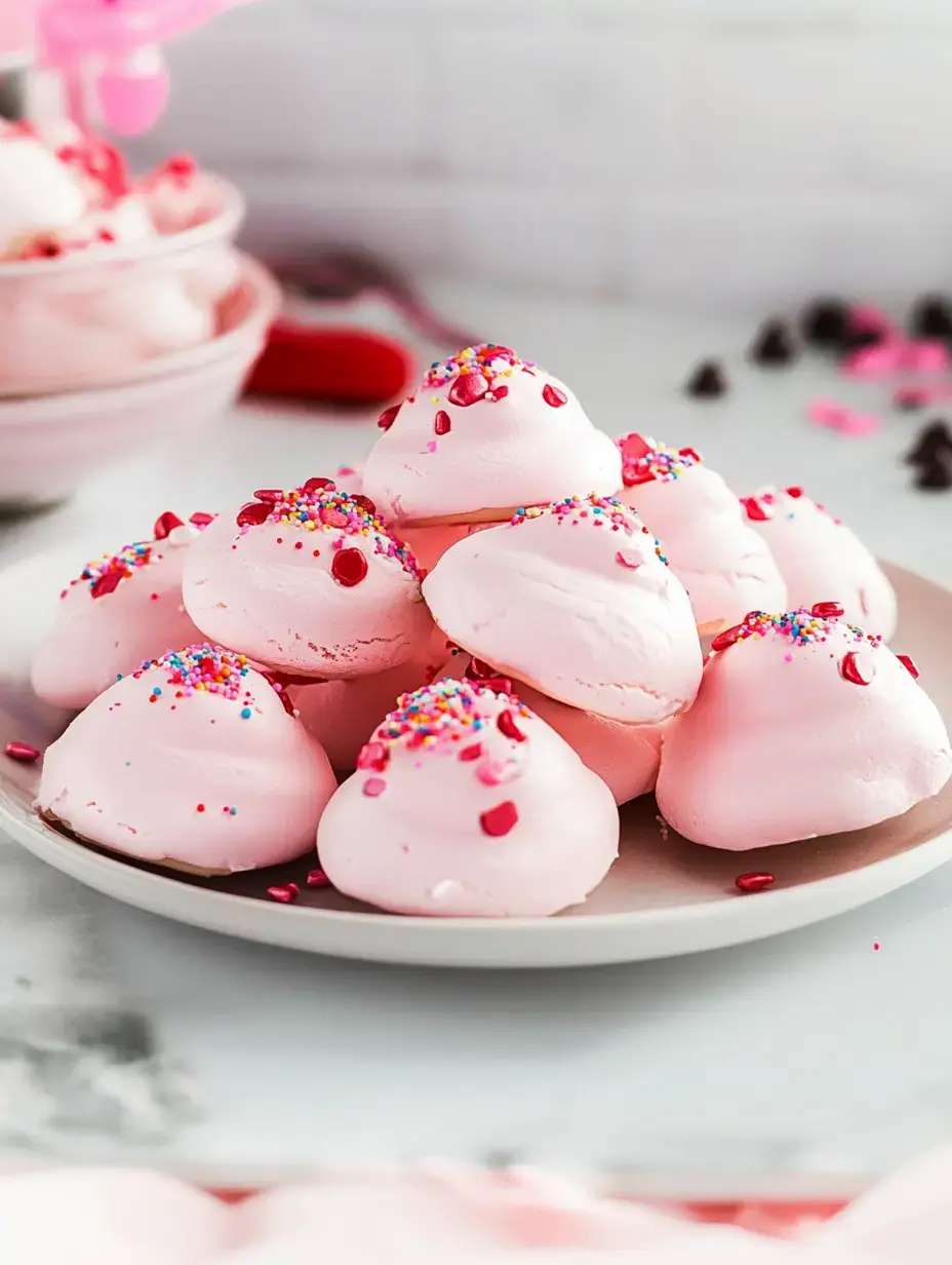Ein Teller mit rosa Baiser-Plätzchen verziert mit bunten Streuseln und kleinen roten Stückchen, vor einem weich gezeichneten Hintergrund.
