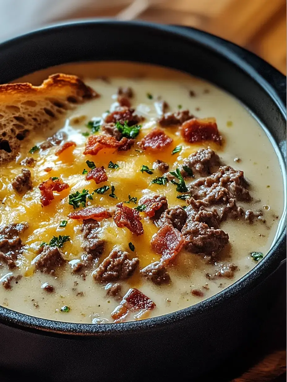 Eine Schüssel cremige Suppe garniert mit Hackfleisch, Speckstückchen, Cheddar-Käse und gehackter Petersilie, begleitet von einer Scheibe geröstetem Brot.