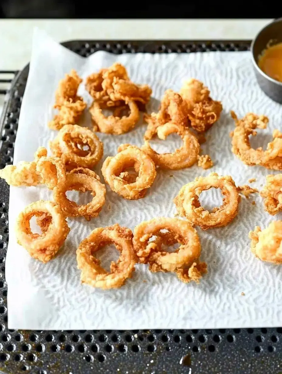 Eine Platte mit frisch frittierten Zwiebelringen auf Küchenpapier zum Absorbieren von überschüssigem Öl.
