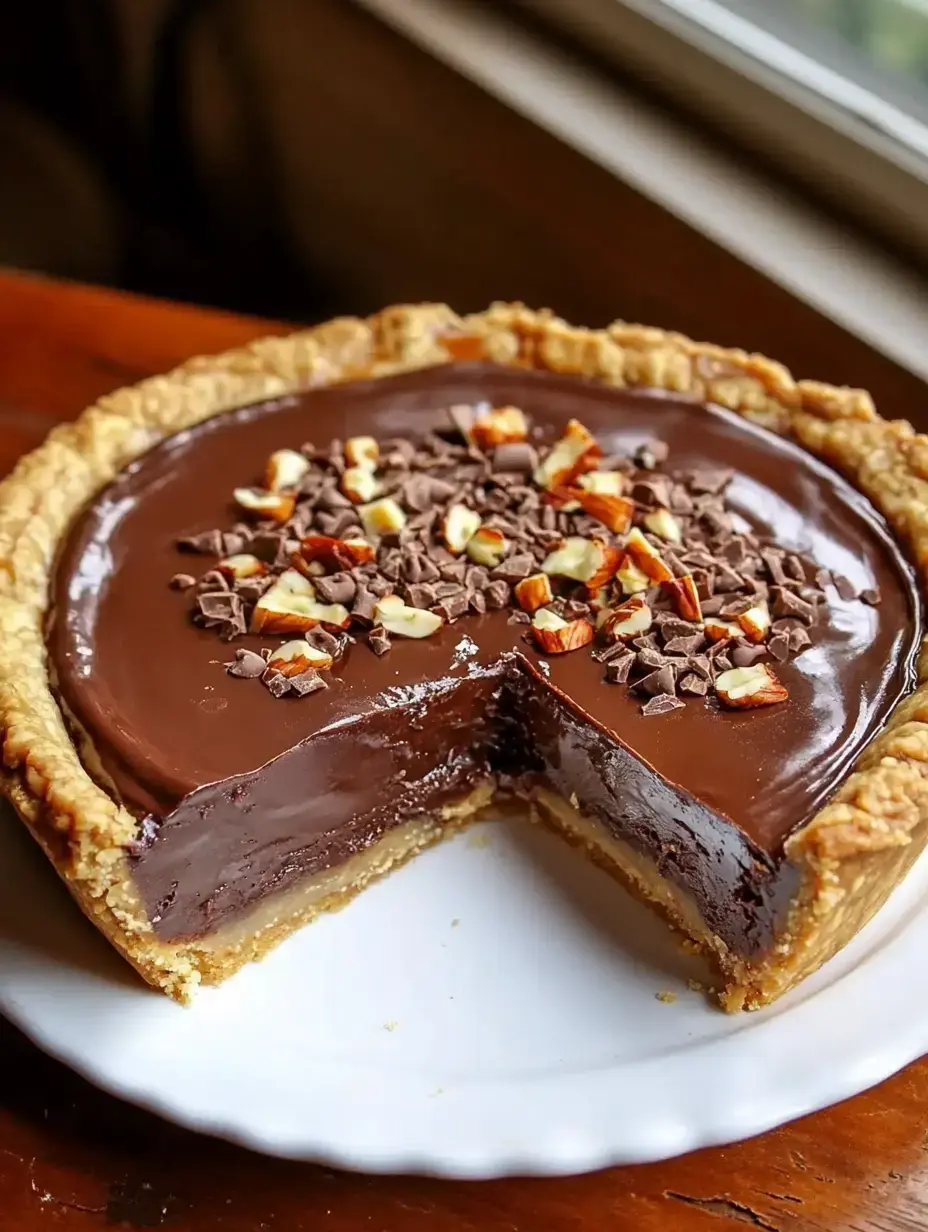 Ein Schokoladenkuchen mit einem herausgeschnittenen Stück, garniert mit Schokoladenraspeln und gehackten Nüssen, auf einem weißen Teller serviert.