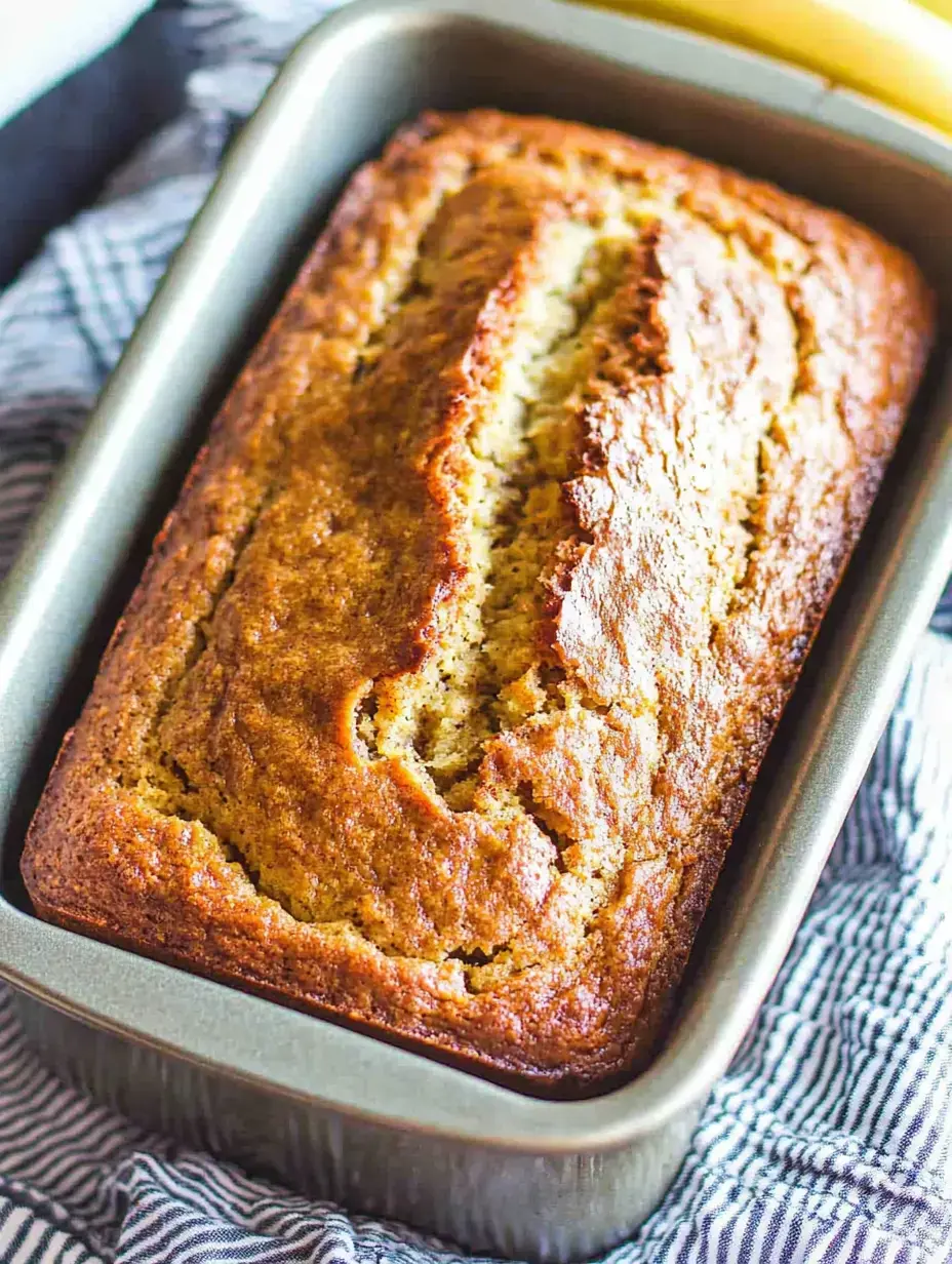 Ein frisch gebackenes Bananenbrot in einer Metallkastenform, ruhend auf einem gestreiften Handtuch.